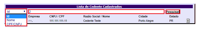 Figura 1 - Pesquisa por Cedente no cadastro