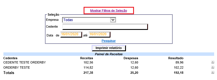 Figura 8 - Filtros de seleção no Painel de Receitas