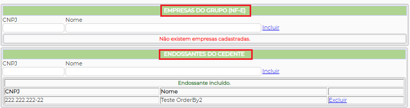 Figura 3 - Cadastro do Endossante e inclusão no Grupo NF-e