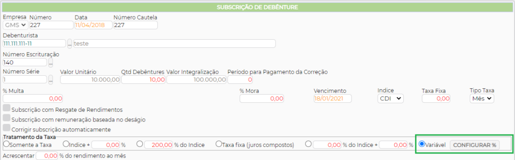 Figura 5 – Configuração da Subscrição