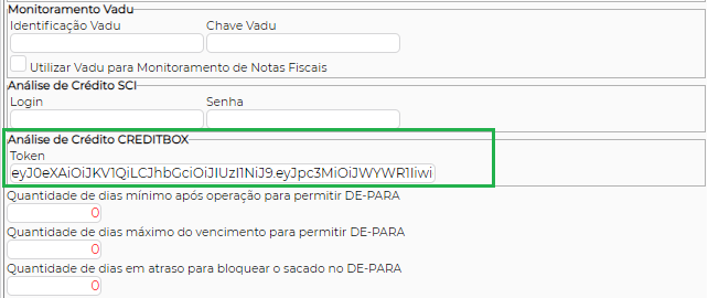 Figura 2 – Local para inserir o Token do Credibox