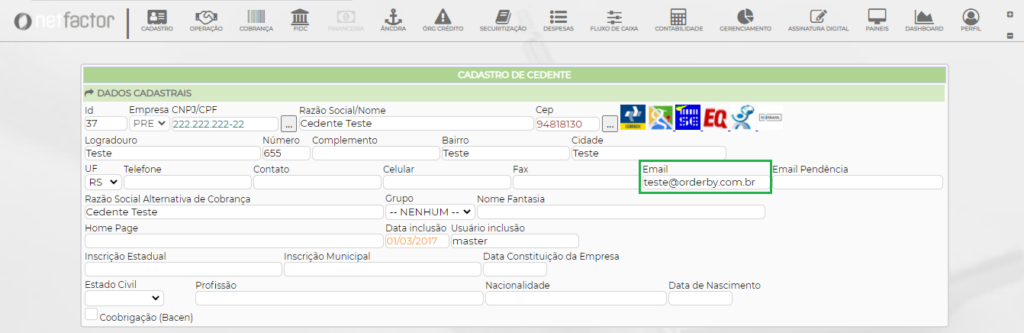 Figura 9 – Configuração do email Cedente