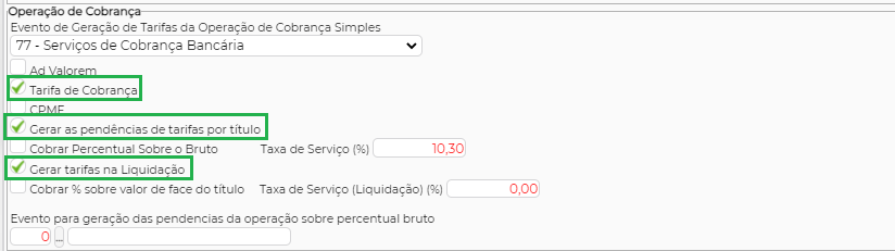 Figura 1 - Configuração para gerar tarifa na liquidação