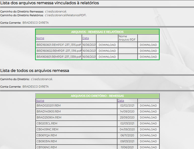 Figura 5 - Lista de arquivos e relatórios