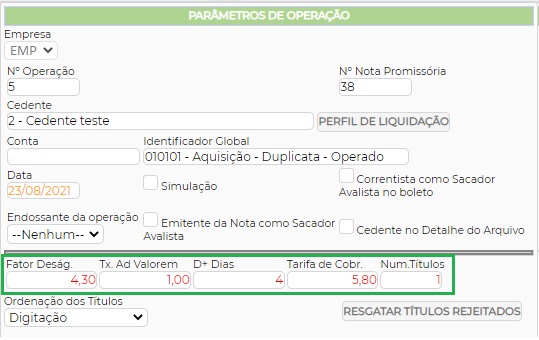 Figura 4 - Parâmetros de operação