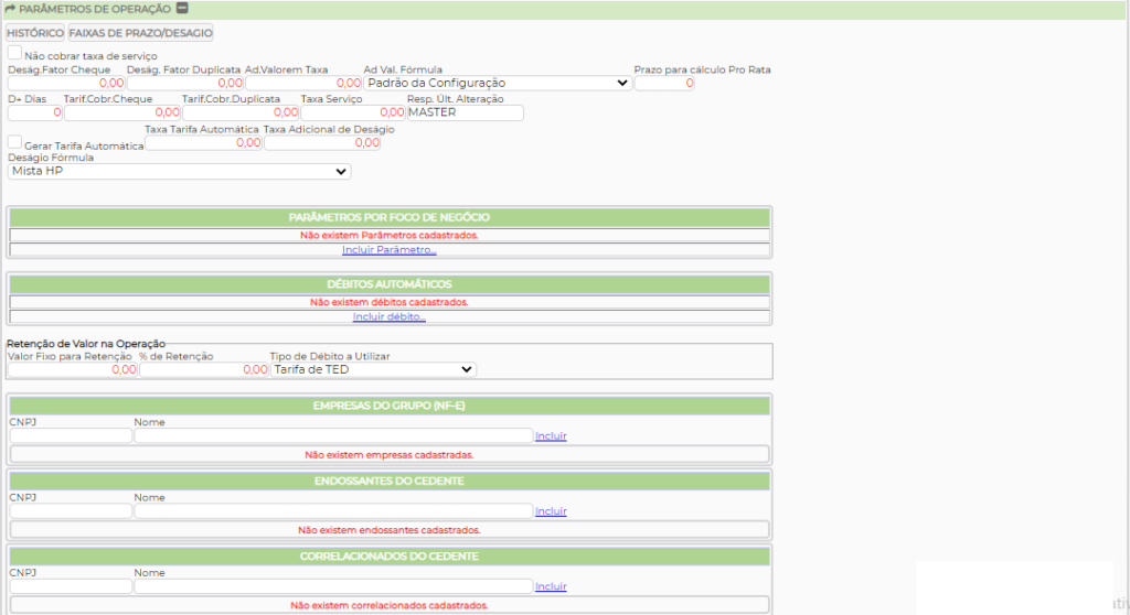Figura 9 - Parâmetros de Operações