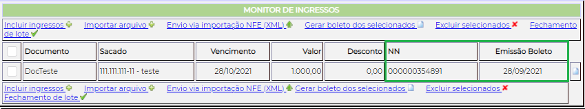 Figura 12 - Inclusão de NN e data de Emissão do Boleto