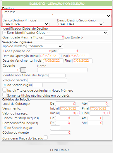 Figura 2 - Parâmetros de Cobrança