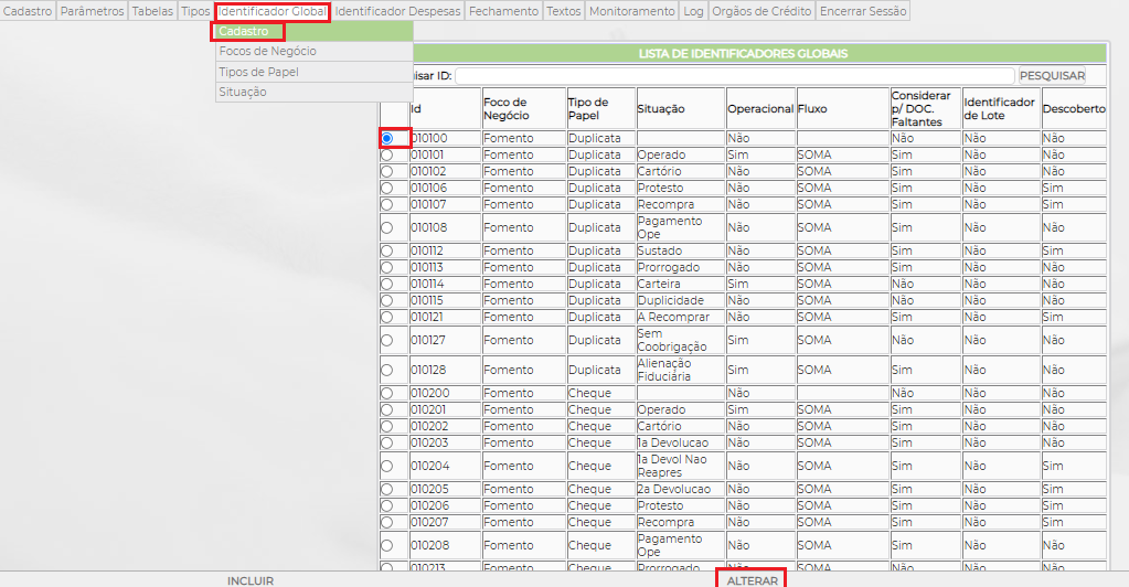 Figura 2 - Lista de Identificadores Globais