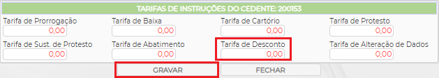 Figura 3 - Configuração de Tarifa por Cedente