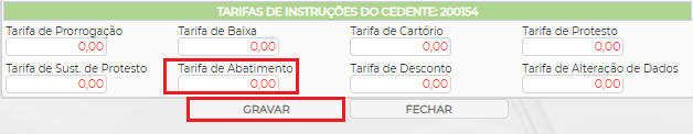 Figura 3 - Configuração de Tarifa por Cedente