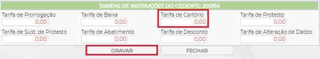 Figura 3 - Configuração de Tarifas por Cedente