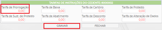 Figura 5 - Configuração de Tarifas por Cedente