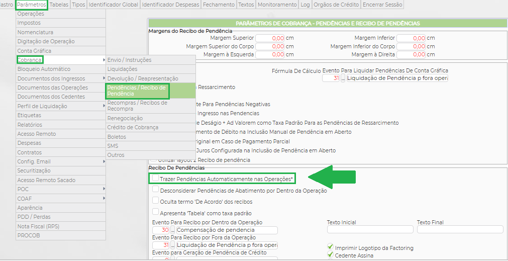 Figura 1 – ‘Parâmetros – Cobrança – Pendências / Recibo de Pendência’ 