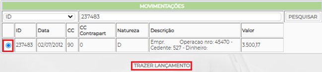 Figura 11 – Pesquisa do lançamento a ser excluído.