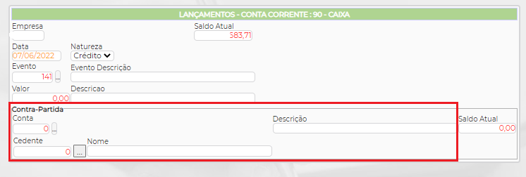 Figura 6 – Parametrização do lançamento contra-partida