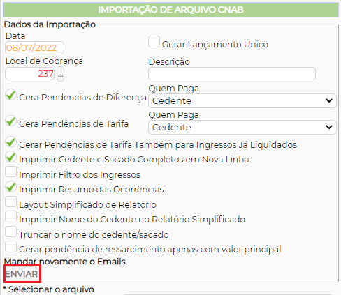 Figura 10 – Reenvio da posição pela tela de importação do retorno bancário.