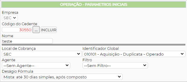 Figura 3 – Parametrizações iniciais.