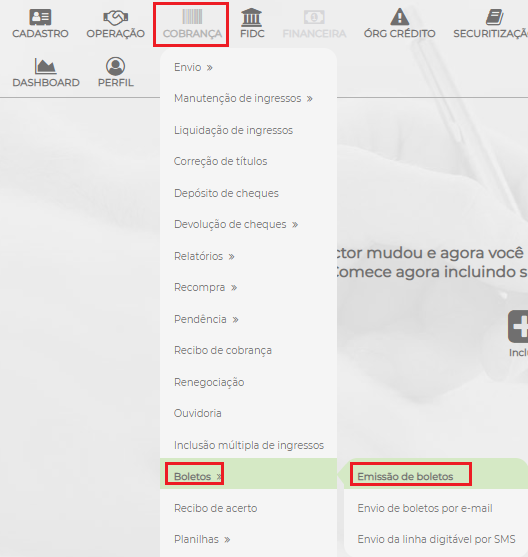 Figura 5 – Caminho para emissão de boletos.