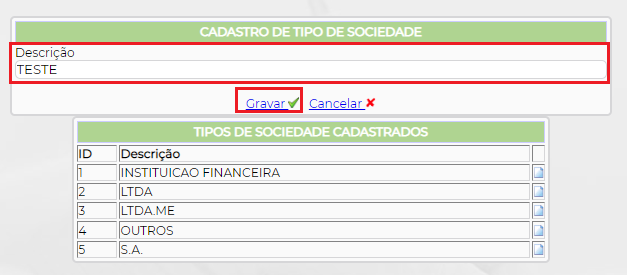 Figura 4 – Inserindo um novo tipo de sociedade