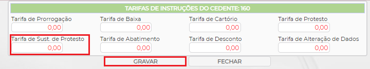 Figura 3 - Configuração de Tarifa por Cedente