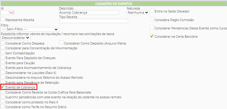 Figura 5 – Configuração Evento de Cobrança