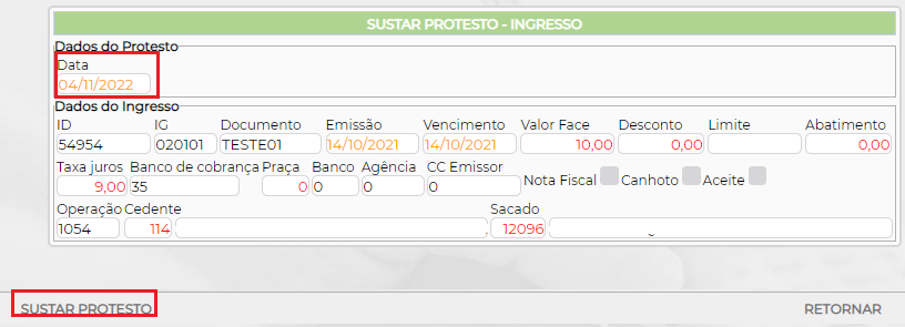 Figura 8 - Informação da Data de Sustação de Protesto