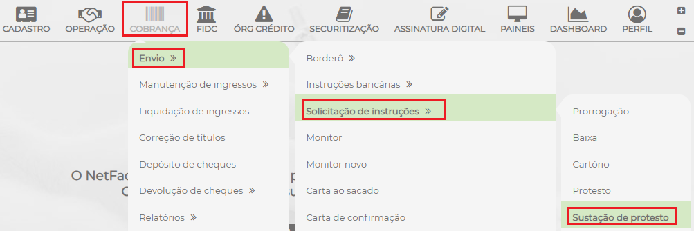 Figura 12 - Caminho para gerar a solicitação de instrução