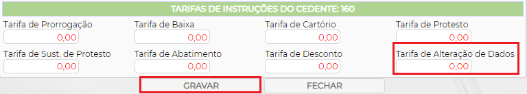 Figura 3 – Configuração de Tarifas por Cedente