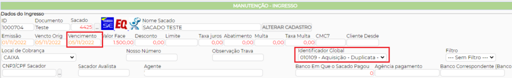 Figura 3 – Campos ‘Vencimento’ e ‘Identificador Global’ na manutenção de ingressos