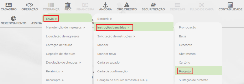 Figura 6 – Opção para realizar a instrução de protesto