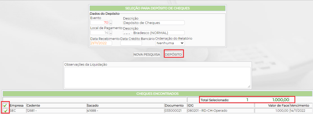 Figura 3 – Depósito do Cheque