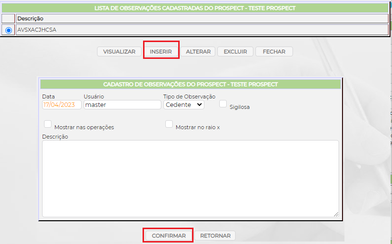 Figura 8 - Cadastro de observações