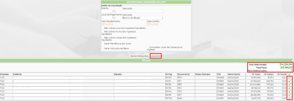 Figura 12 – Liquidação lote.