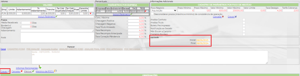 Figura 12 - Salvando a validade da POC