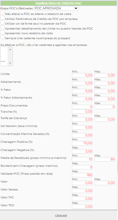 Figura 2 - Algumas opções de Parâmetros de Crédito