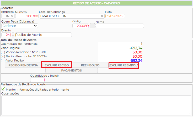 Figura 6 - Exclusão do Recibo de Pendência e Reembolso
