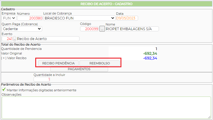 Figura 5 – Seleção de Recibo de Pendência ou Reembolso