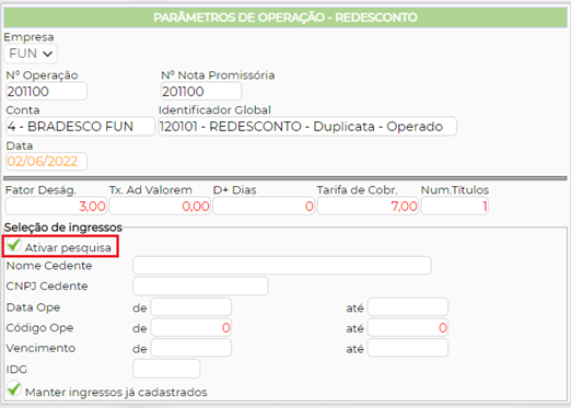 Figura 3 – Parâmetros de Operação