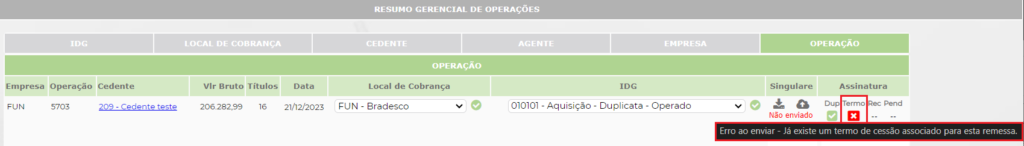 Figura 5 - Resumo Gerencial Operação com erro no envio