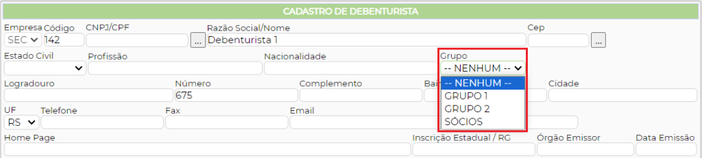 Figura 5 – Vincular o Grupo ao debenturista