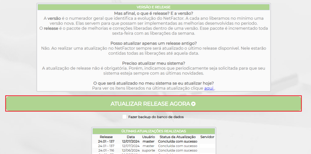 Figura 6 – Iniciar atualização do NetFactor