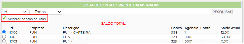 Figura 2 – Opção para mostrar contas ocultas