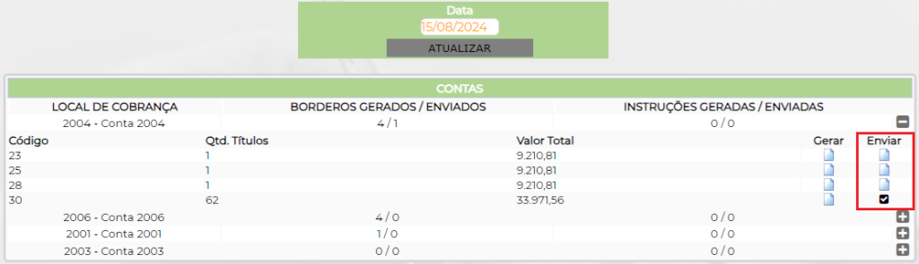 Figura 7 – Opção para enviar e visualização de borderô já enviado.