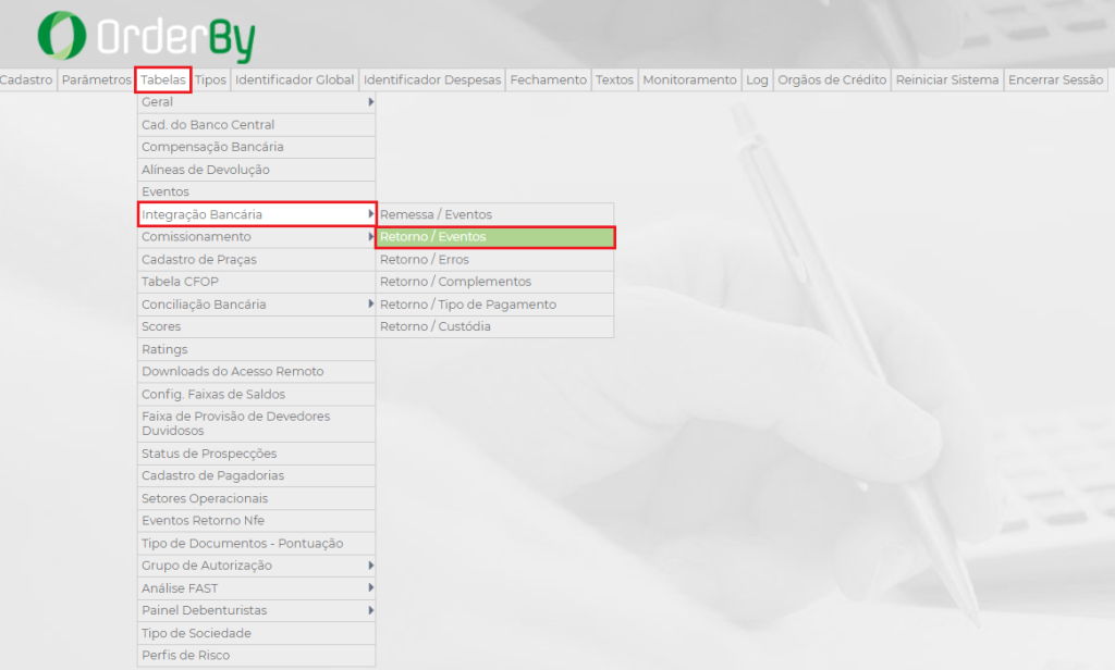 Figura 1 – Caminho para configuração de evento