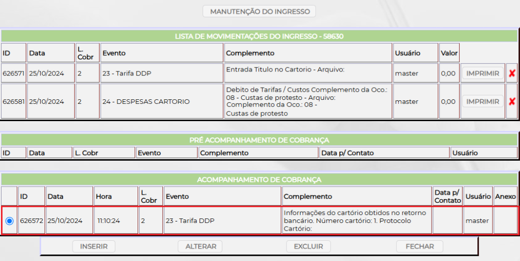 Figura 4 – Informação de protocolo de cartório nas movimentações do título