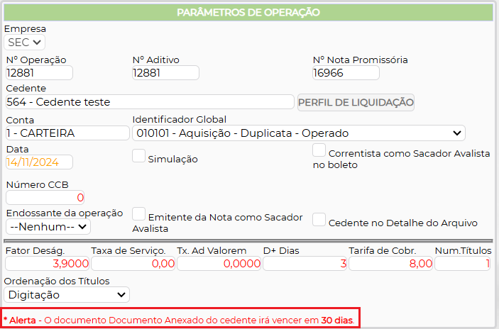 Figura 6 – Alerta nos parâmetros de operação