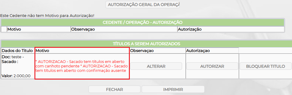 Figura 4 – Autorização do título na operação