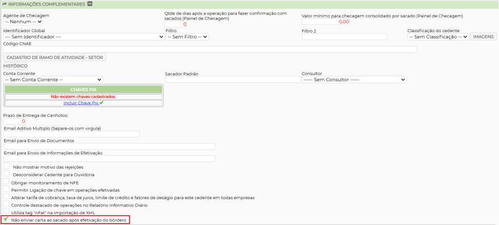 Figura 5 – Configuração para não enviar o email para os títulos do cedente