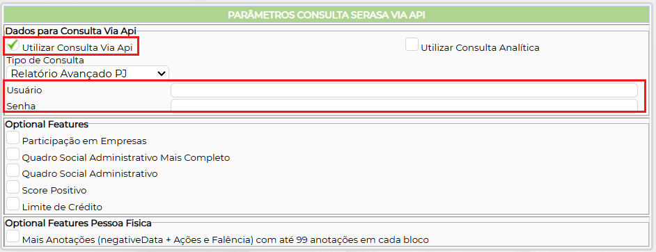 Figura 2 – Parametrização de credencias